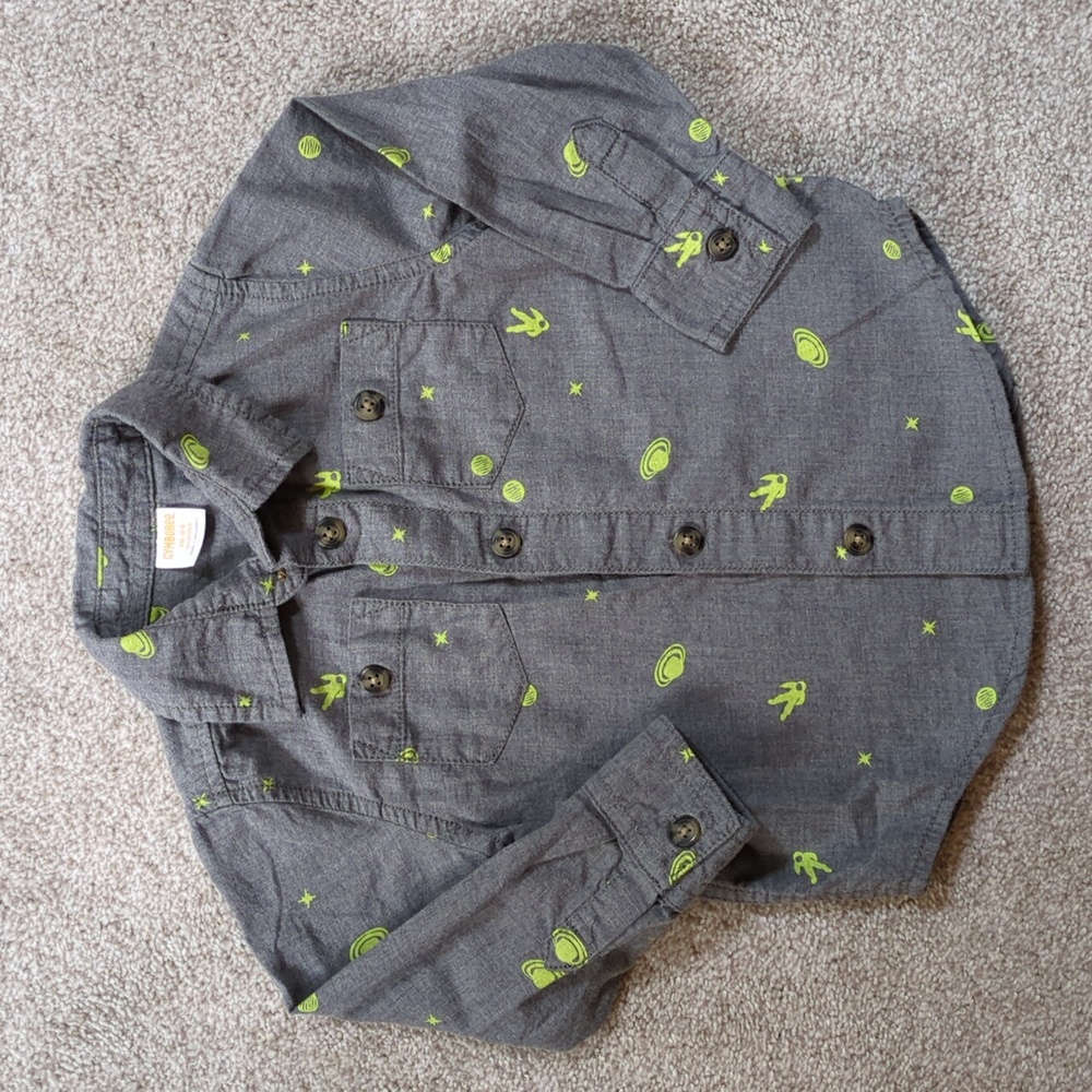 Gymboree Gray and Neon Green Space Long Sleeve Button Down Shirt
